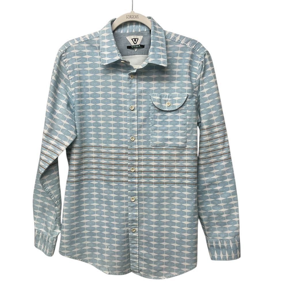 Visslaa Retro Geometric Button-Down Shirt Sz L Light Blue Cotton Long Sleeve